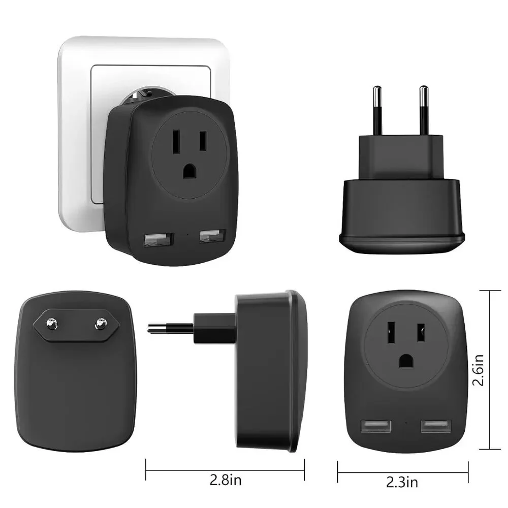 2 European Travel Plug Adapter International Power Outlet USB US to EU UK s3